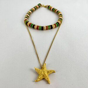 2 Set TRIFARI: Gold-Tone Starfish Pendant Necklace + Multicolor Beaded Choker